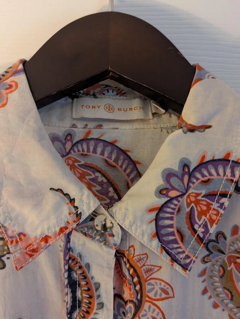 Tory Burch White Shirt with Orange & Purple Paisley